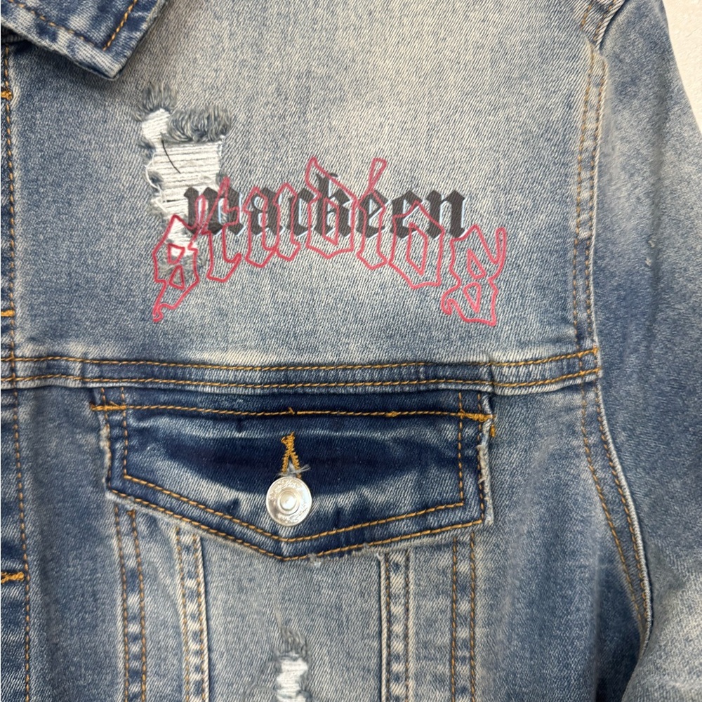 MACKEEN Men's Mack Skeleton rhinestone Stretch SLIM FIT Denim Jean Jacket 2XL - Picture 4 of 6